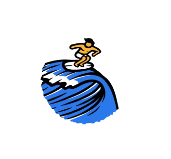 A stylised drawing of a person surfing on a large blue wave, surrounded by a segmented white circular border on a black background, captures the energy of Strandhill Summer Surf Camp.