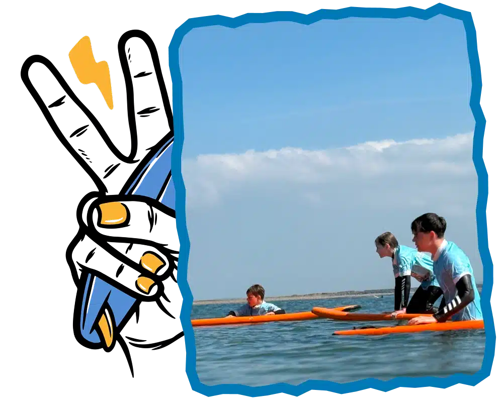 Three children in wetsuits sit on orange surfboards during Surf Lessons Strandhill Sligo, surrounded by calm water, a blue sky with clouds, and framed by a wavy blue border with a hand holding a lightning bolt graphic.