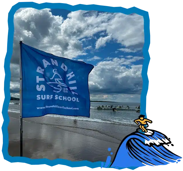 A blue flag reading "Strandhill Surf School" flutters on a sandy beach under a cloudy sky. In the distance, people with surfboards enjoy Surf Lessons Strandhill Sligo, whilst a cartoon surfer rides a wave in the image’s corner.