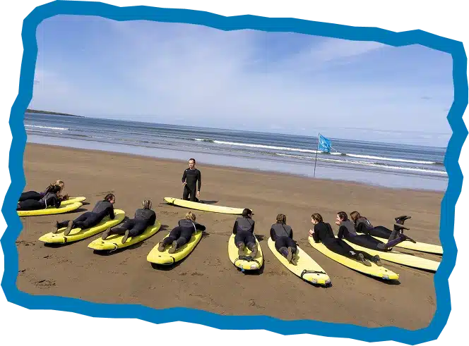 A group of people in wetsuits lie on yellow surfboards on a sandy beach, listening to an instructor at Surf Lessons Strandhill Sligo. The sea and a blue flag are visible in the background under a clear sky.